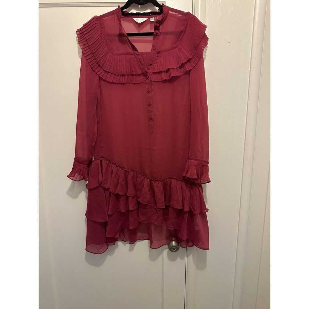 Ted Baker‎ Anastai Ruffle Detail Shirt Dress  Size 2 $325 NWTs Raspberry Pink